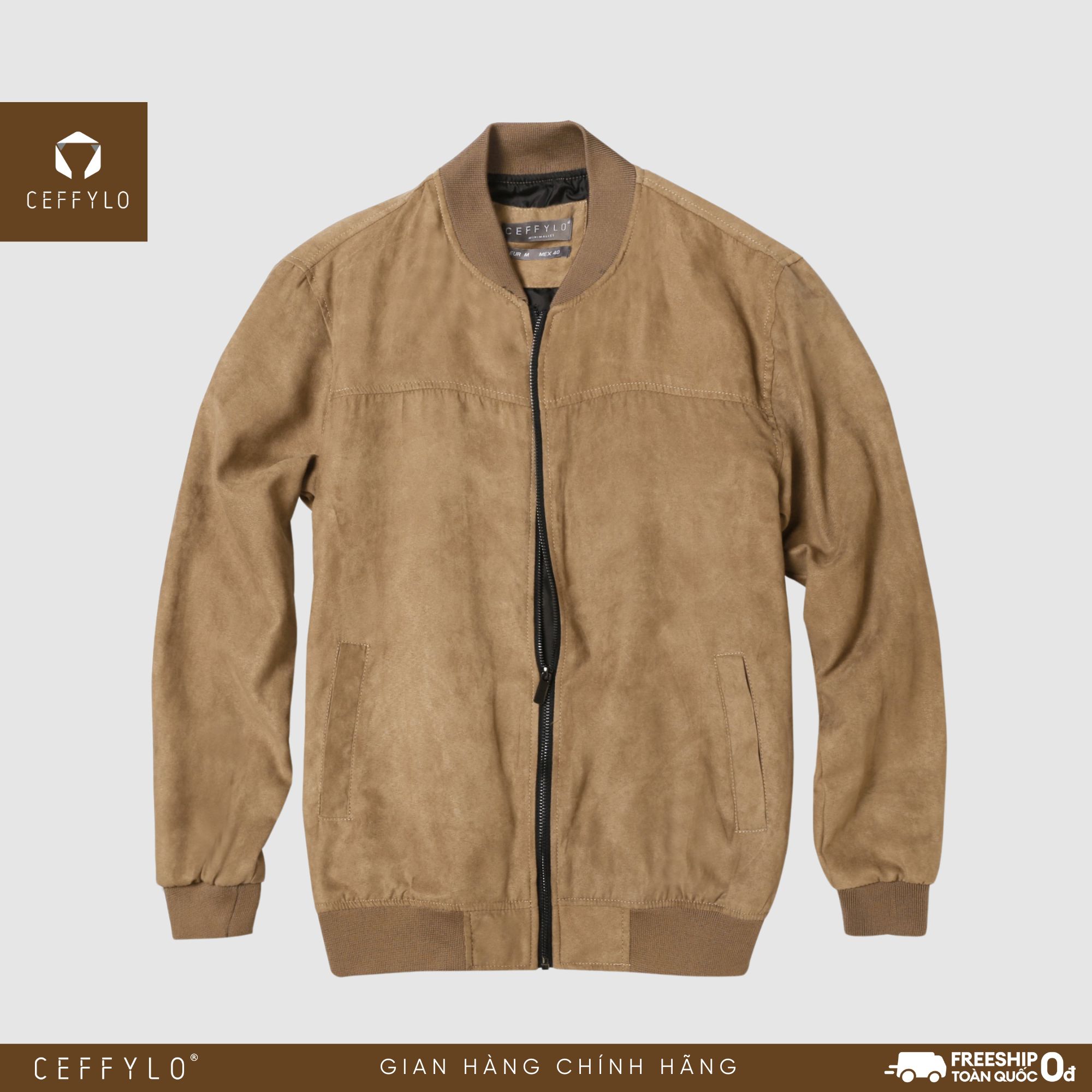 Áo khoác bomber da lộn màu nâu đậm trơn cf, chất liệu da lộn, mềm mịn – ceffylo