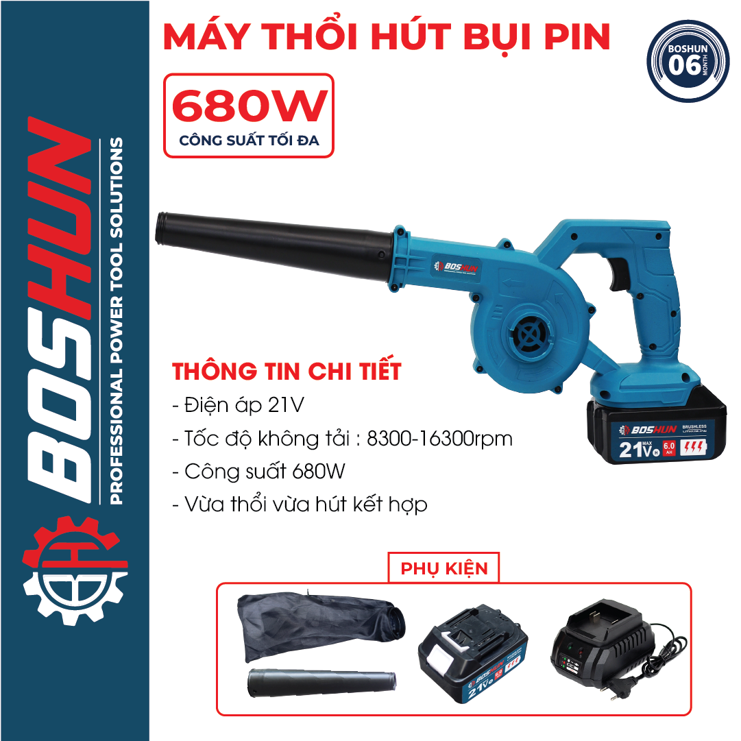 Máy Thổi Hút Bụi Pin BOSHUN, 680W, Tốc độ 16300 vòng / phút, Có chức năng thổi và hút