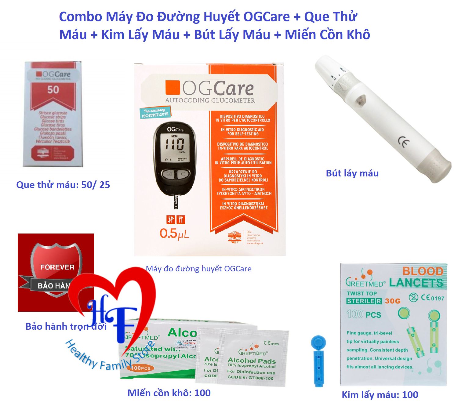 Combo Đo Đường Huyết - Máy Đo OGCare - Que Thử Máu OGcare - Bút Lấy Máu - Kim Lấy Máu - Cồn Khô