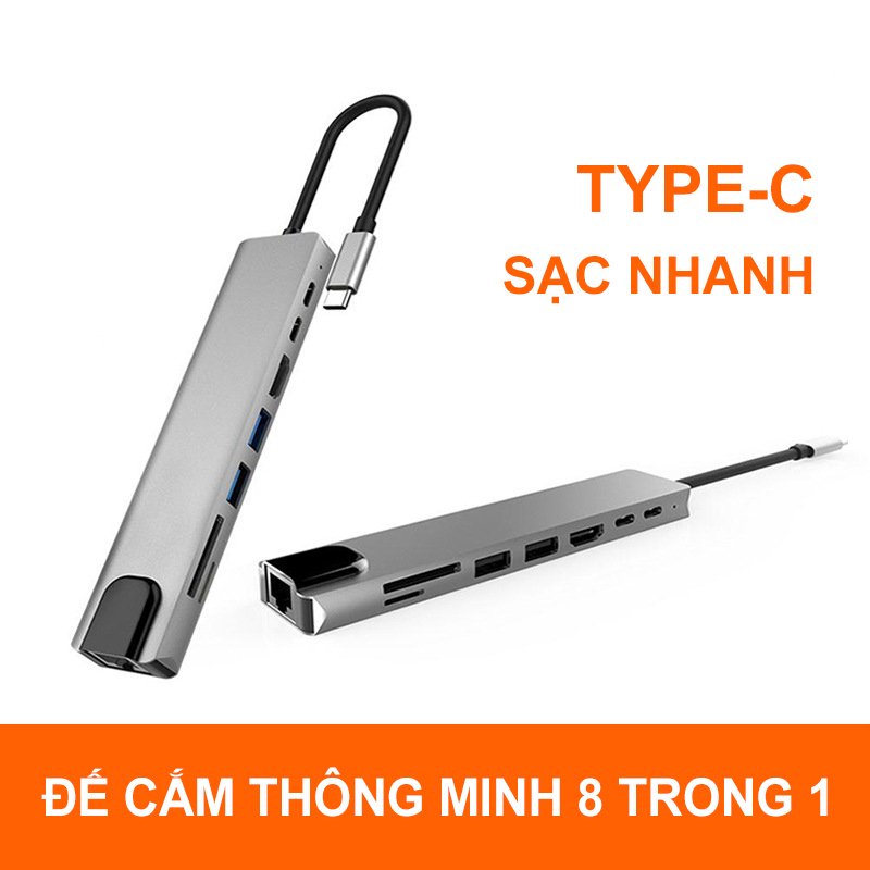 Free shipping-hub type c 8in1 - cổng chuyển đổi hub usb type-c to hdmi, usb 3.0, sd, tf, rj45, pd type-c cho laptop macbook