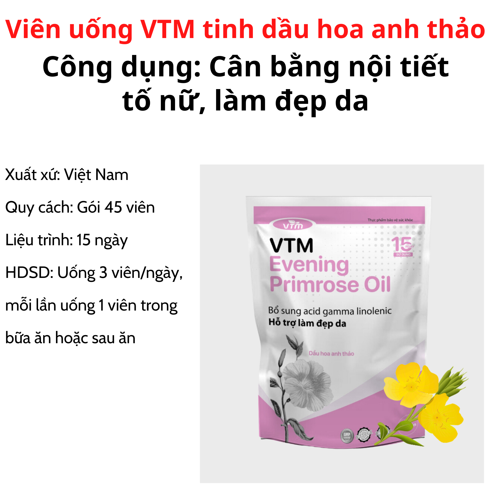 Viên uống VTM bổ sung Vitamin C, Collagen, Biotin, Glutathione, kẽm, hỗ trợ sáng da, giảm mụn, mờ thâm, làm đẹp da