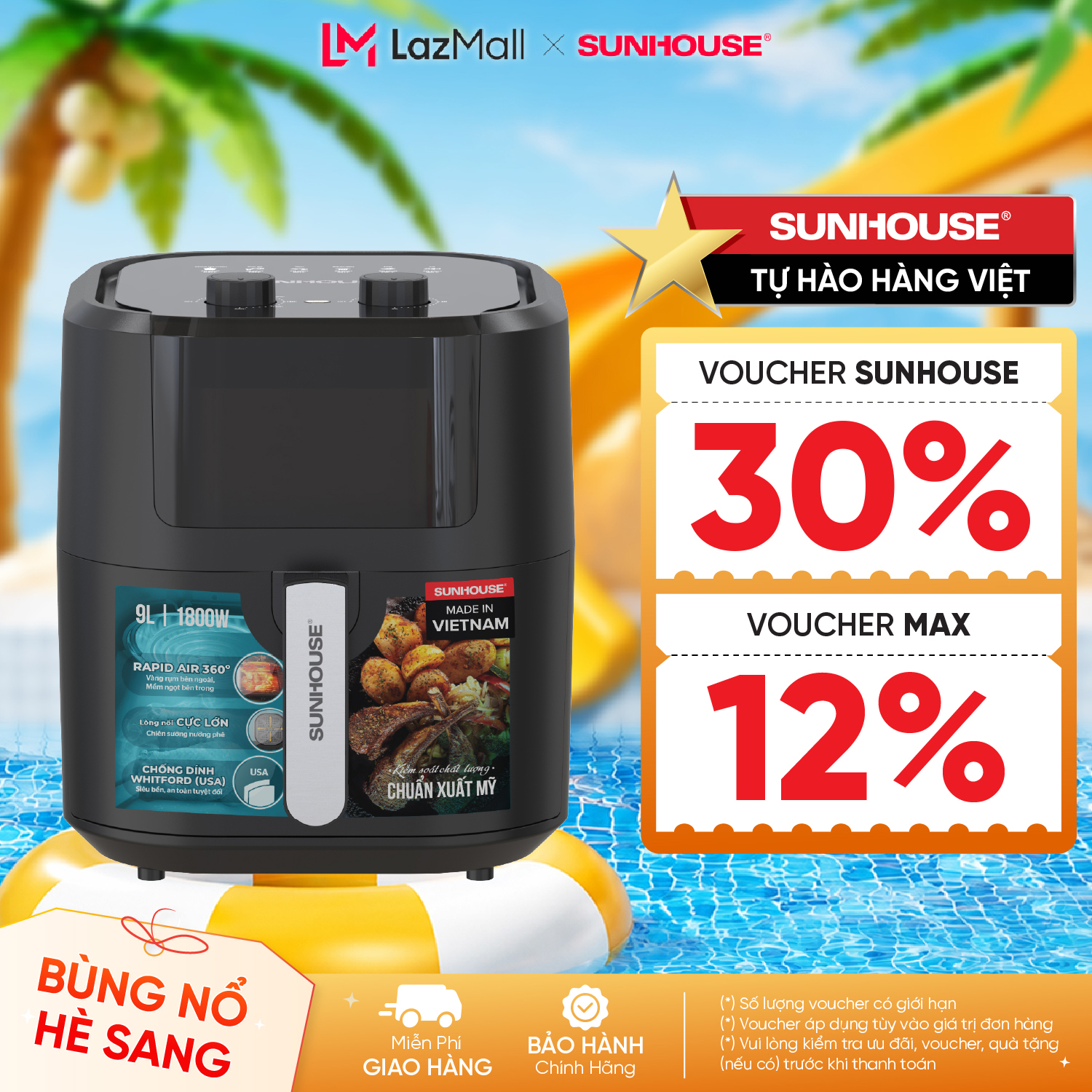 Nồi chiên không dầu 9L Sunhouse SHD4037 - Công nghệ Rapid Air 360 độ - Chống dính Whitford siêu bền - Đa chức năng nấu