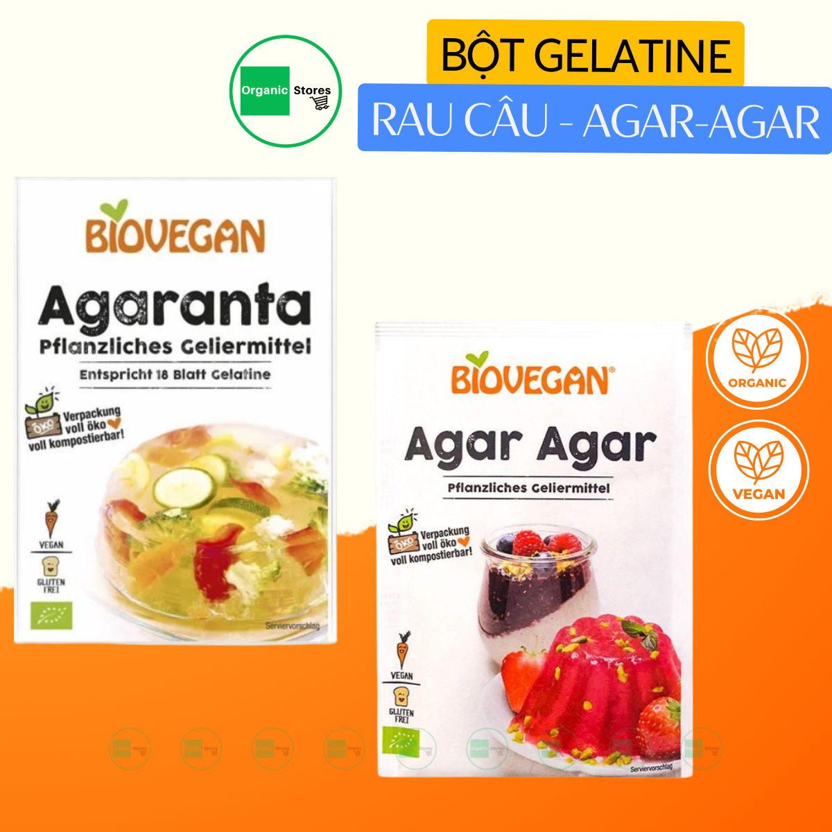 Bột Gelatine và bột rau câu hữu cơ Agar-Agar Biovegan