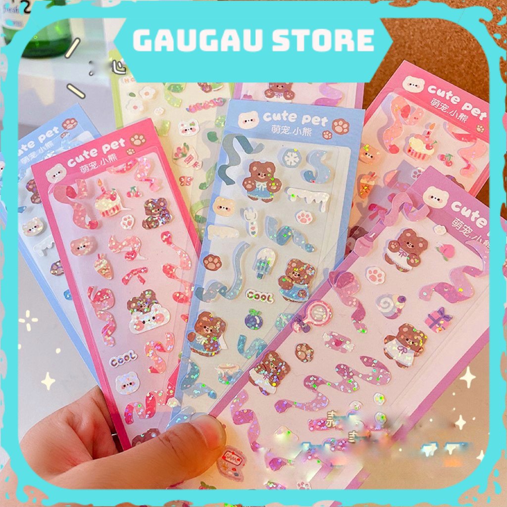 Sticker Gấu Cute Lấp Lánh Trang Trí Decor Nhiều Vật Dụng Dễ Thương