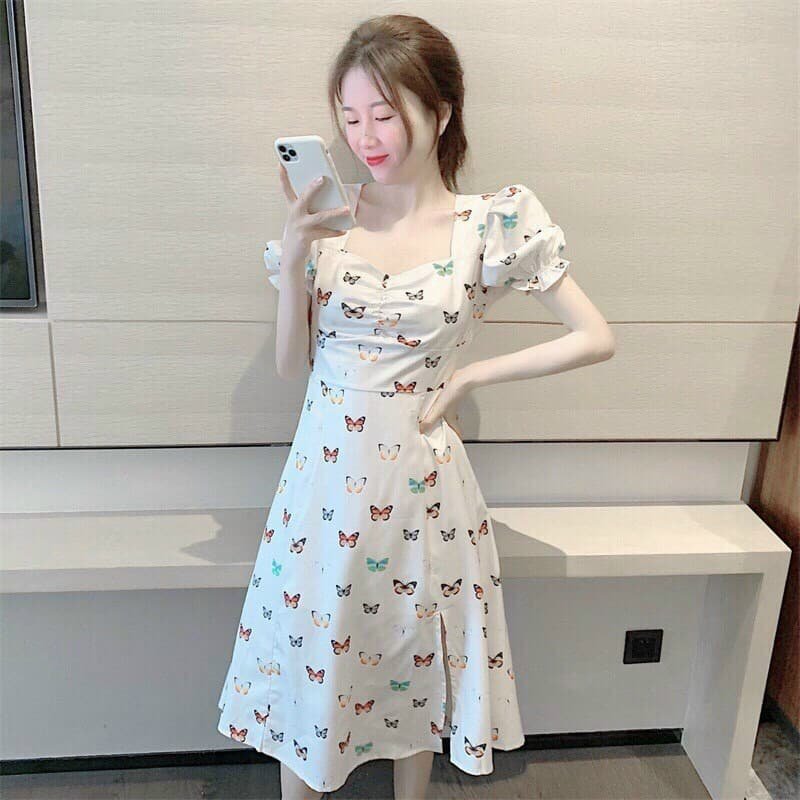 Đầm nữ thiết kế xẻ tà cổ vuông tay bèo kết hợp họa tiết bươm bướm thời trang SUNI