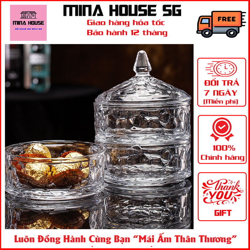 Thố mứt 3 tầng thủy tinh kim cương delisoga, hũ đựng mứt, hạt dưa có nắp cao cấp, hộp đựng hạt dưa tết mina house sg
