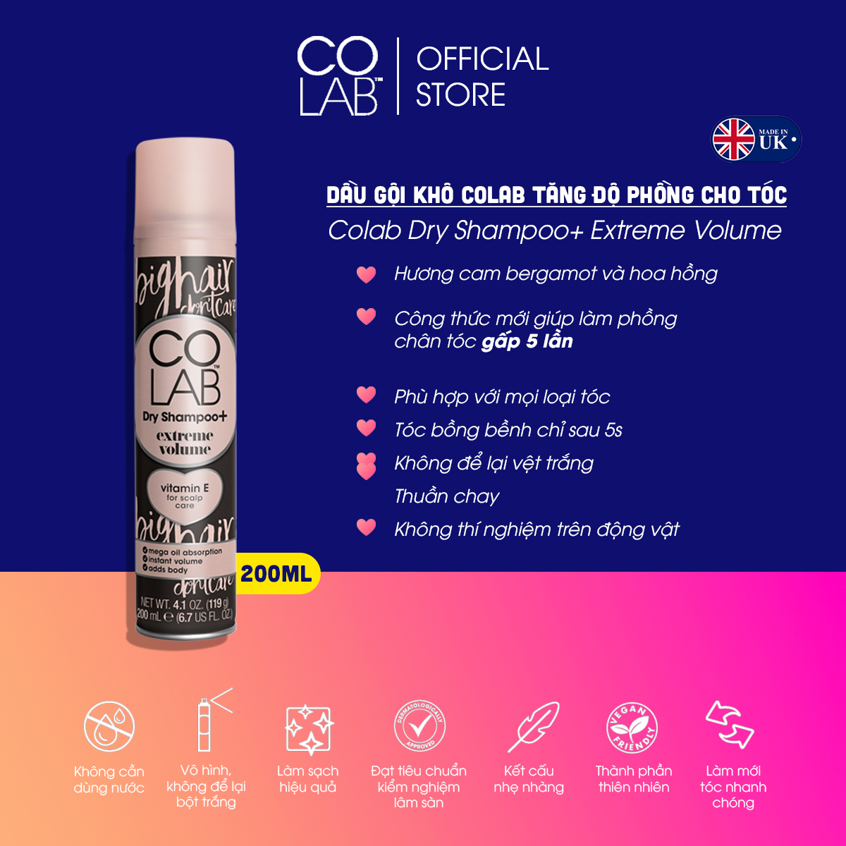 Dầu gội khô colab tóc phồng 200ml| giúp tóc phồng gấp 5 lần chỉ sau 5s