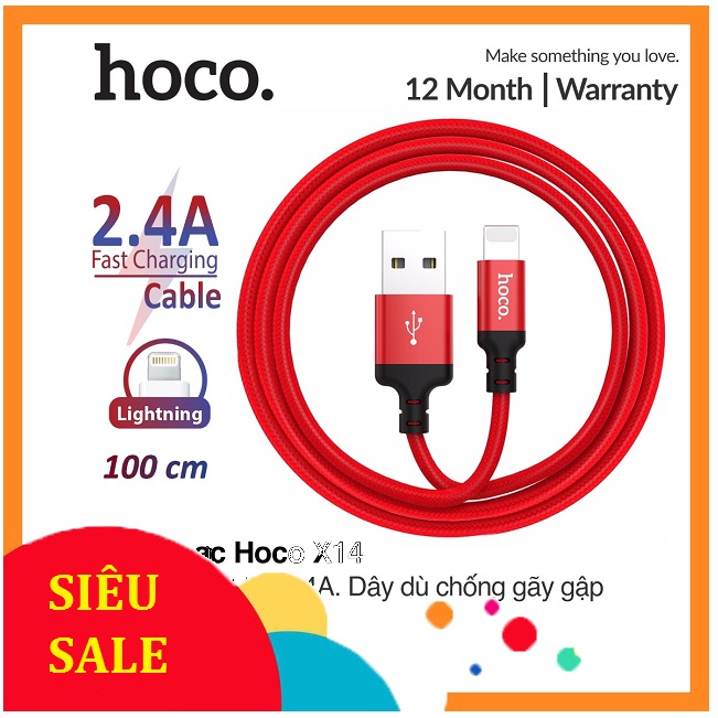 Dây sạc Iphone-Day sac Iphone-Cáp sạc Iphone -sạc nhanh dây dù Hoco x14 1m - lightning cho iphone ipad, bảo hành 6 tháng