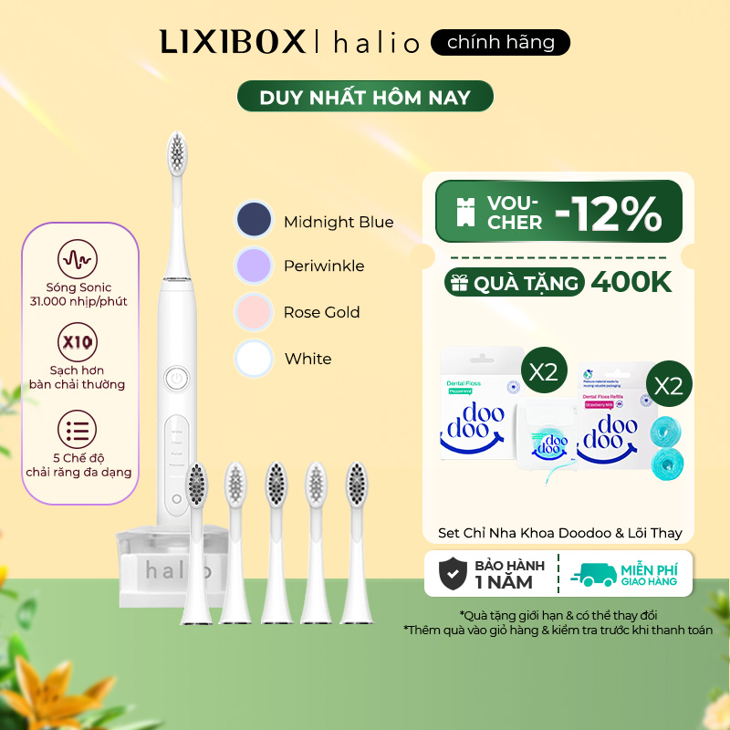 Bàn Chải Điện Làm Trắng Răng Halio Sonic Whitening Electric Toothbrush PRO White và 4 Đầu Bàn Chải Thay Thế