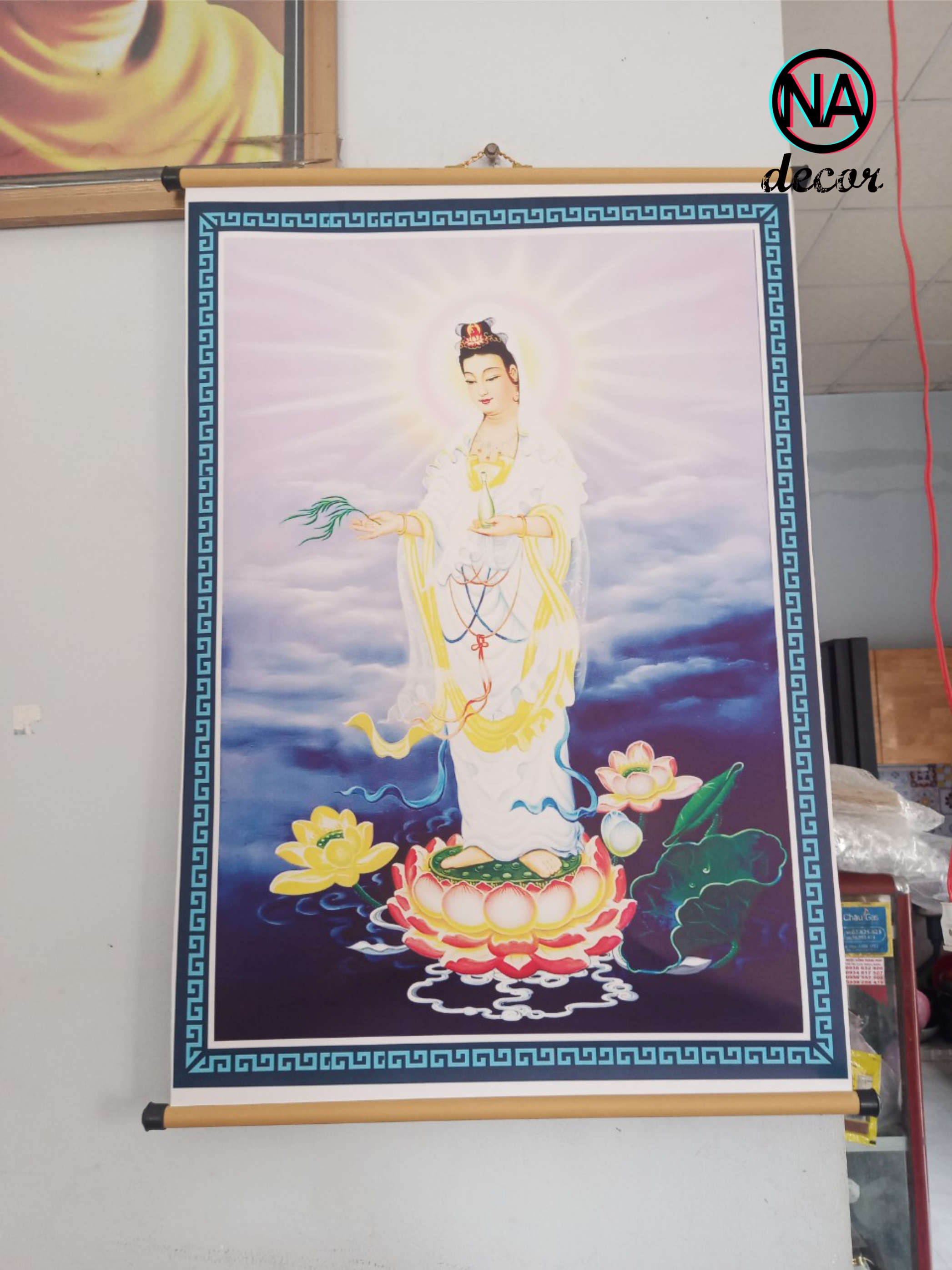 Hình Phật Quan Thế Âm in vải canvas treo tường có tặng kèm sáo treo , treo tường kích thước 40x60cm