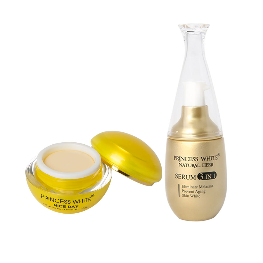 Princess White Bộ kem dưỡng trắng da mặt ngày và đêm nice day 20g và Serum 3in1 dưỡng căng bóng không kích ứng da
