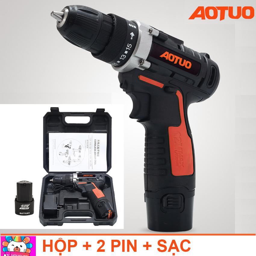 Bộ Máy khoan Aotuo vặn vít không dây 12V hai tốc độ có đảo chiều- 2 pin 12v -Kèm đốc sạc - đầu vít 6.5 mm