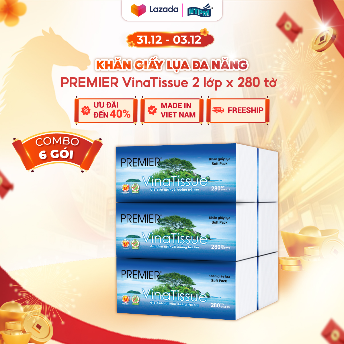   COMBO 6 GÓI  Khăn giấy lụa đa năng PREMIER VinaTissue 2 lớp – 100% bột giấy nguyên sinh không chất tẩy 280 tờ gói – Chính hãng 