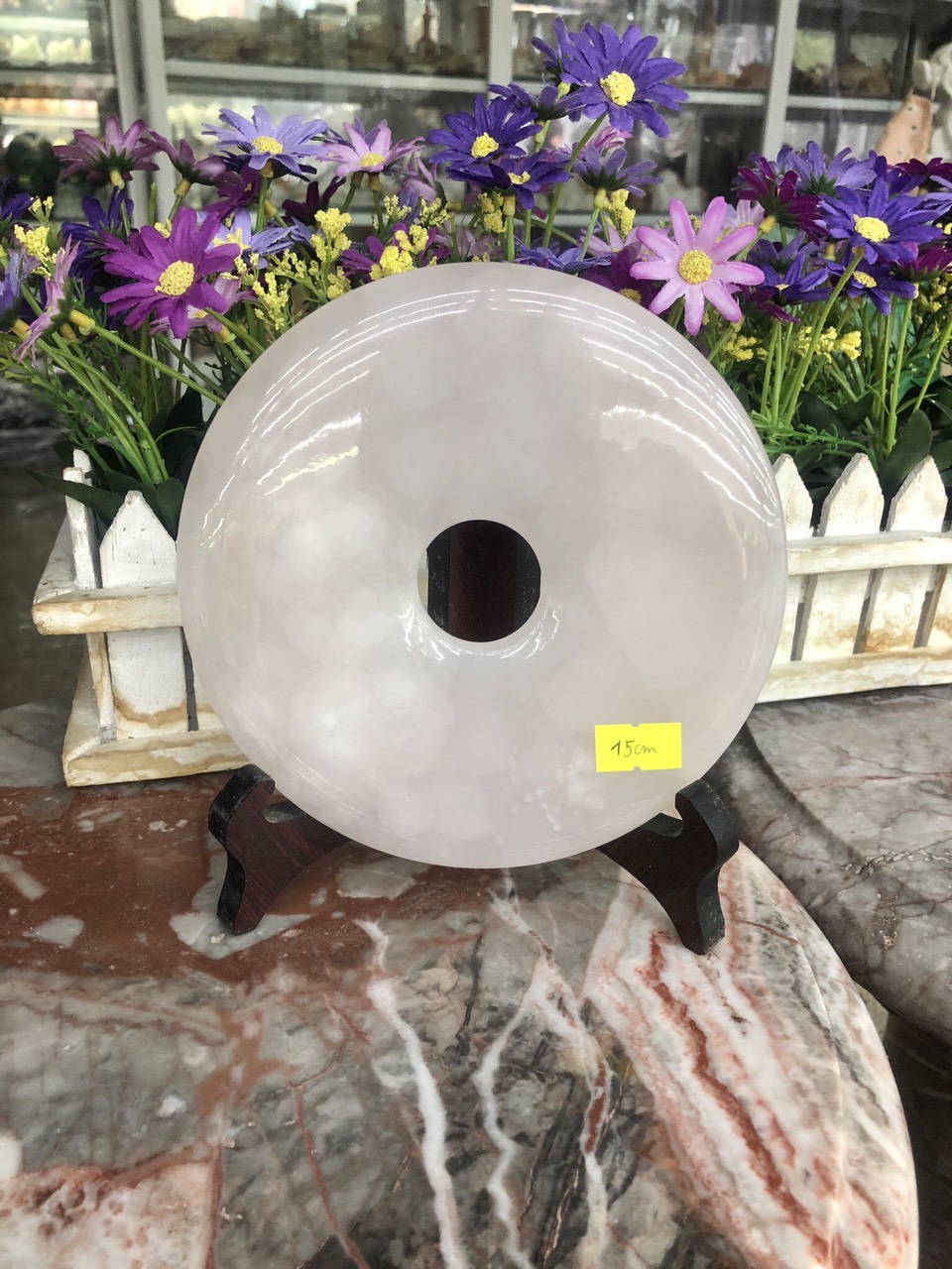 Đồng điếu (đồng tiền ) phong thủy đá thạch anh hồng  - Đường kính 15cm