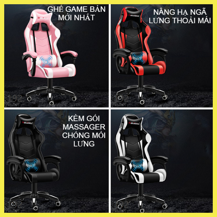 Ghế Chơi Game Kèm Massage Chống Mỏi Lưng, Ghế Game Thủ Có Ngã Lưng,Ghế Làm Việc, Ghế live bigo màu hồng gối đầu, xoay 360, ngả 135 độ, ghế gaming giá rẻ