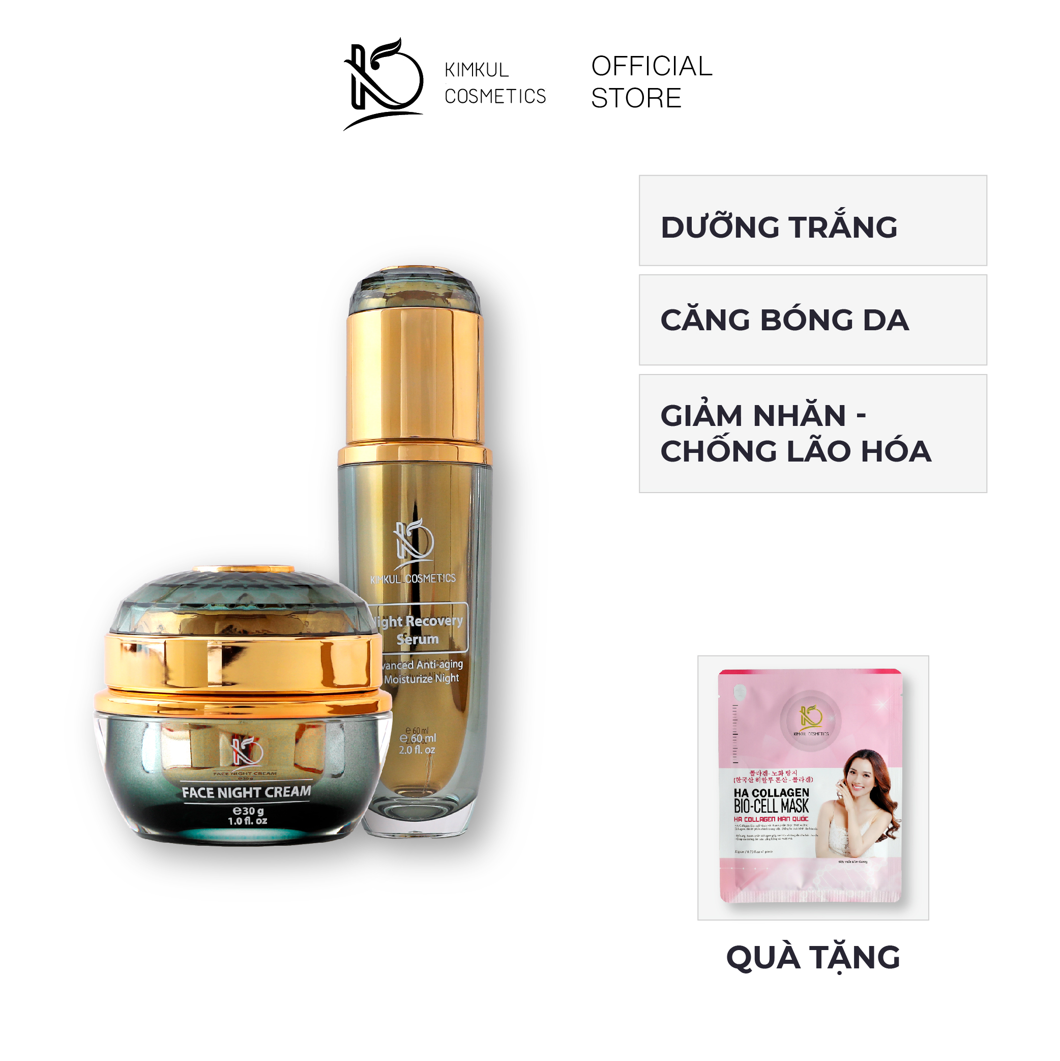 Bộ dưỡng da ban đêm KimKul bao gồm Serum Night Recovery 50ML + Face Night Cream 30G - Tặng 1 miếng mặt nạ HA Collagen Bio-Cell Mask cho đơn trên 400k