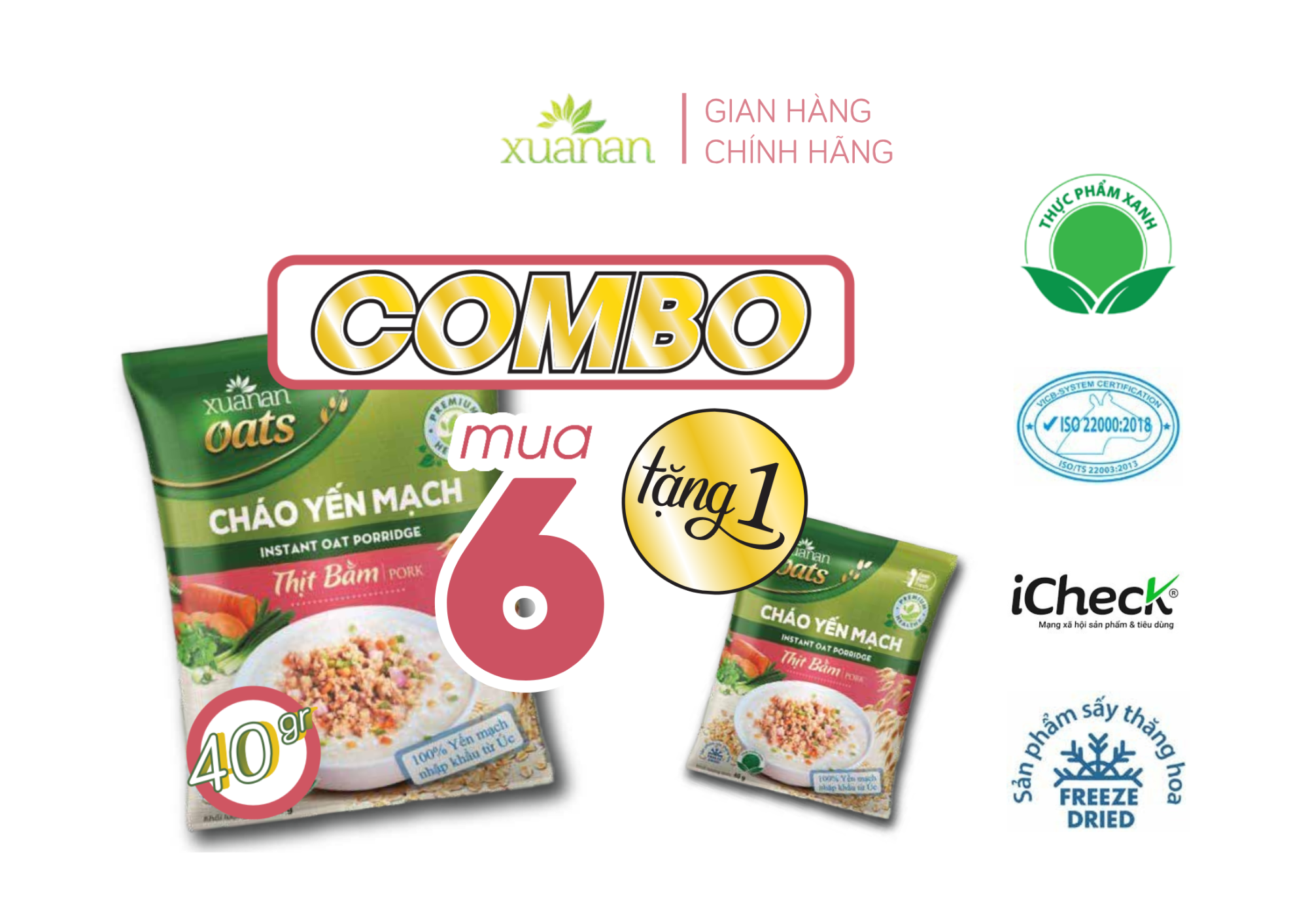 Combo 6 gói cháo yến mạch thịt heo bằm xuân an 40g