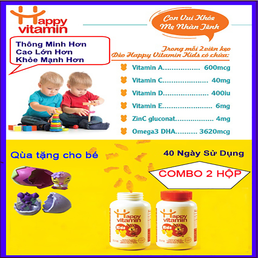 Kẹo dẻo Vitamin Kids[COMBO 2 hộp+ Quà tặng 38k]Vitamin A,C,D,E, Omega3 DHA - Giúp bé phát triển não bộ, tăng chiều cao,tăng sức đề kháng,sáng mắt , răng chắc khỏe, ăn ngon miệng,ngủ ngon, đẹp da và tóc