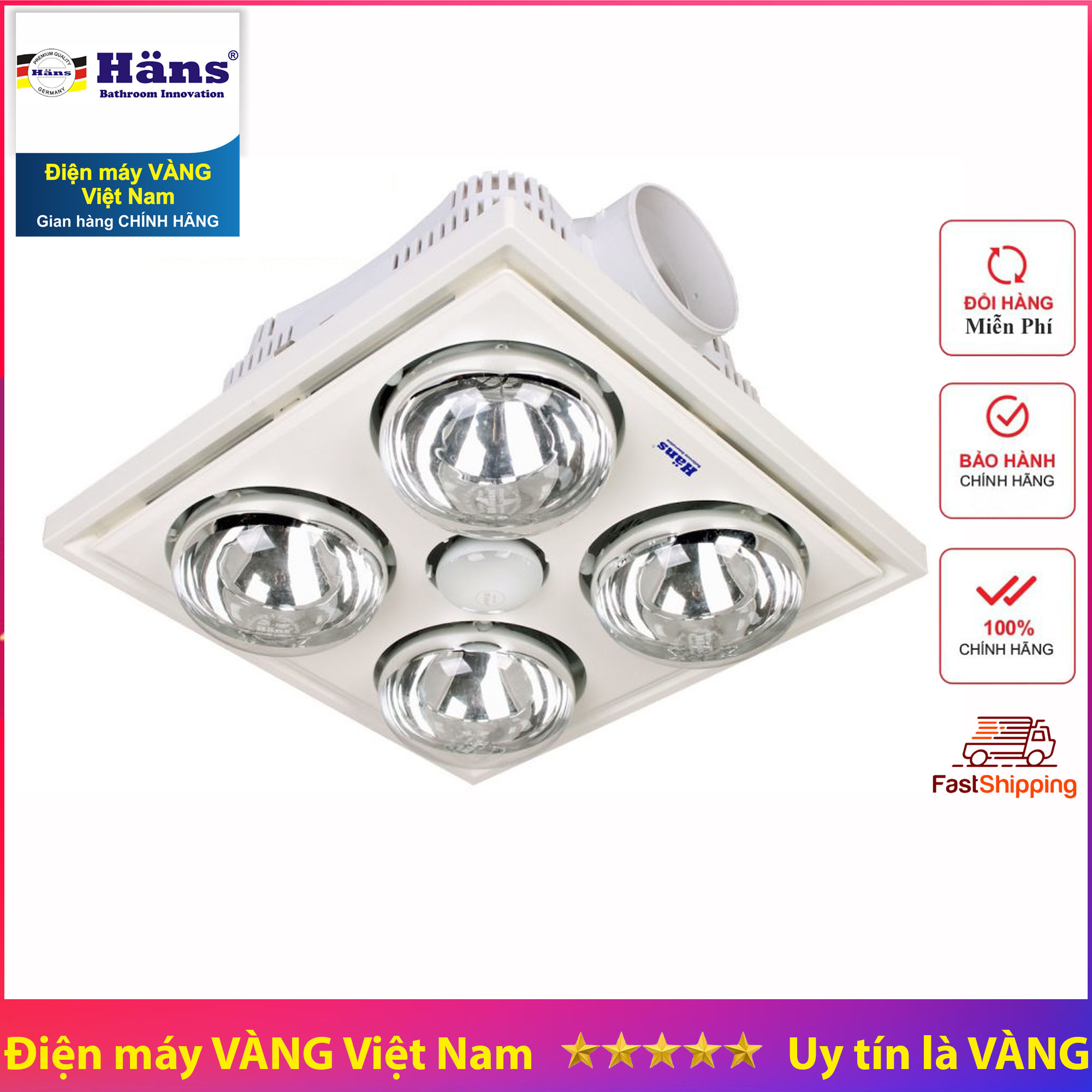 Đèn sưởi nhà tắm 4 bóng âm trần Hans H4B