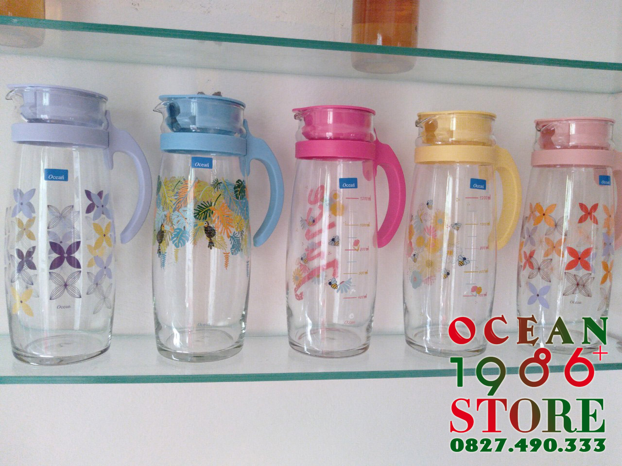 Bình nước thủy tinh quai nhựa in Hoa Divano Ocean – 5V20558- H-1.6 lít