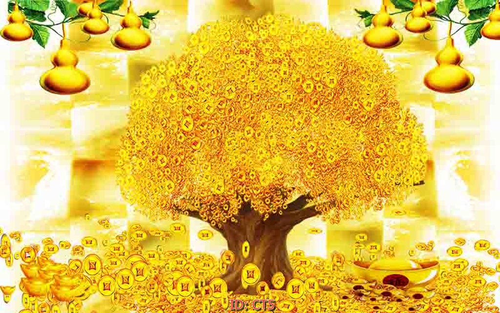 Tranh dán tường 3D cây kim tiền thần tài Tranh 3D phong thủy ngày tết Tranh kích thước 80 cm x 120cm