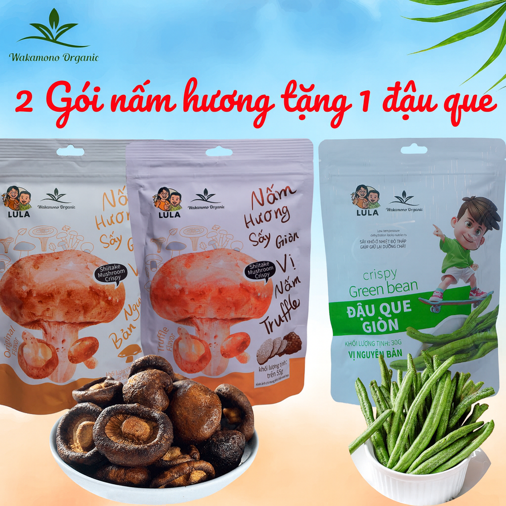  MUA 2 NẤM HƯƠNG SẤY GIÒN  55g gói  TẶNG 1 ĐẬU QUE  SẤY GIÒN  30g gói  – Ăn vặt healthy – Giòn rụm từng miếng! không dầu ngọt tự nhiên. 