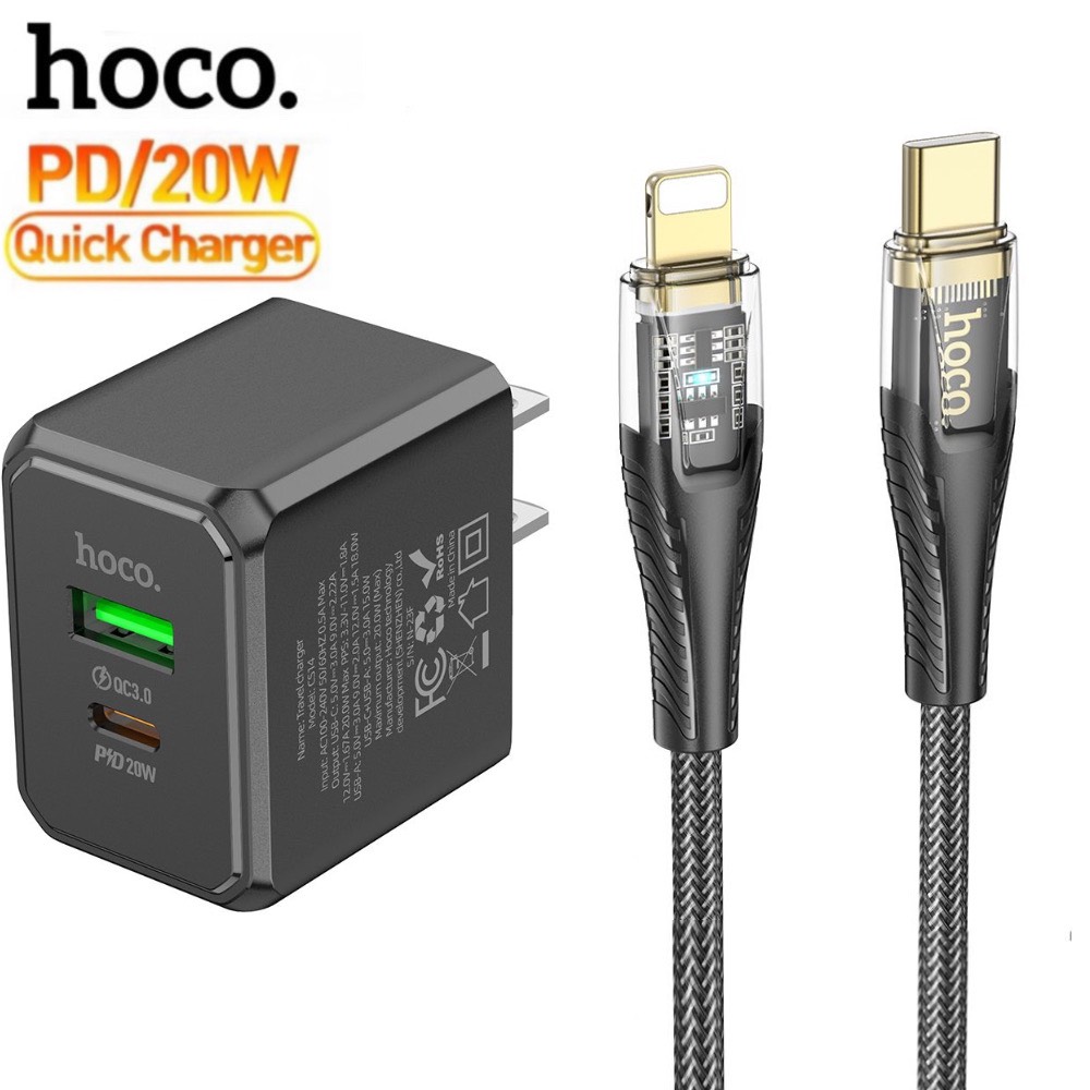 Bộ sạc nhanh 20w 2 cổng usb và type c hoco củ sạc kèm dây trong suốt pd20w dùng cho iphone 11 12 13 14 xsmax