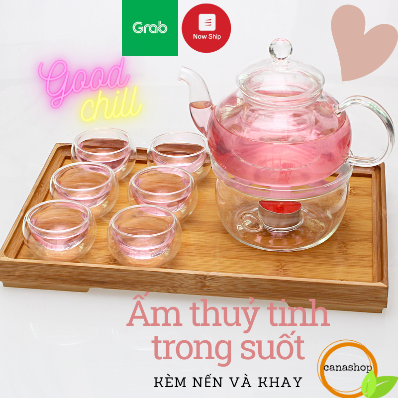 Ấm pha trà thủy tinh kèm khay bình trà chén uống trà hoa cúc chịu nhiệt trong suốt có đế nến