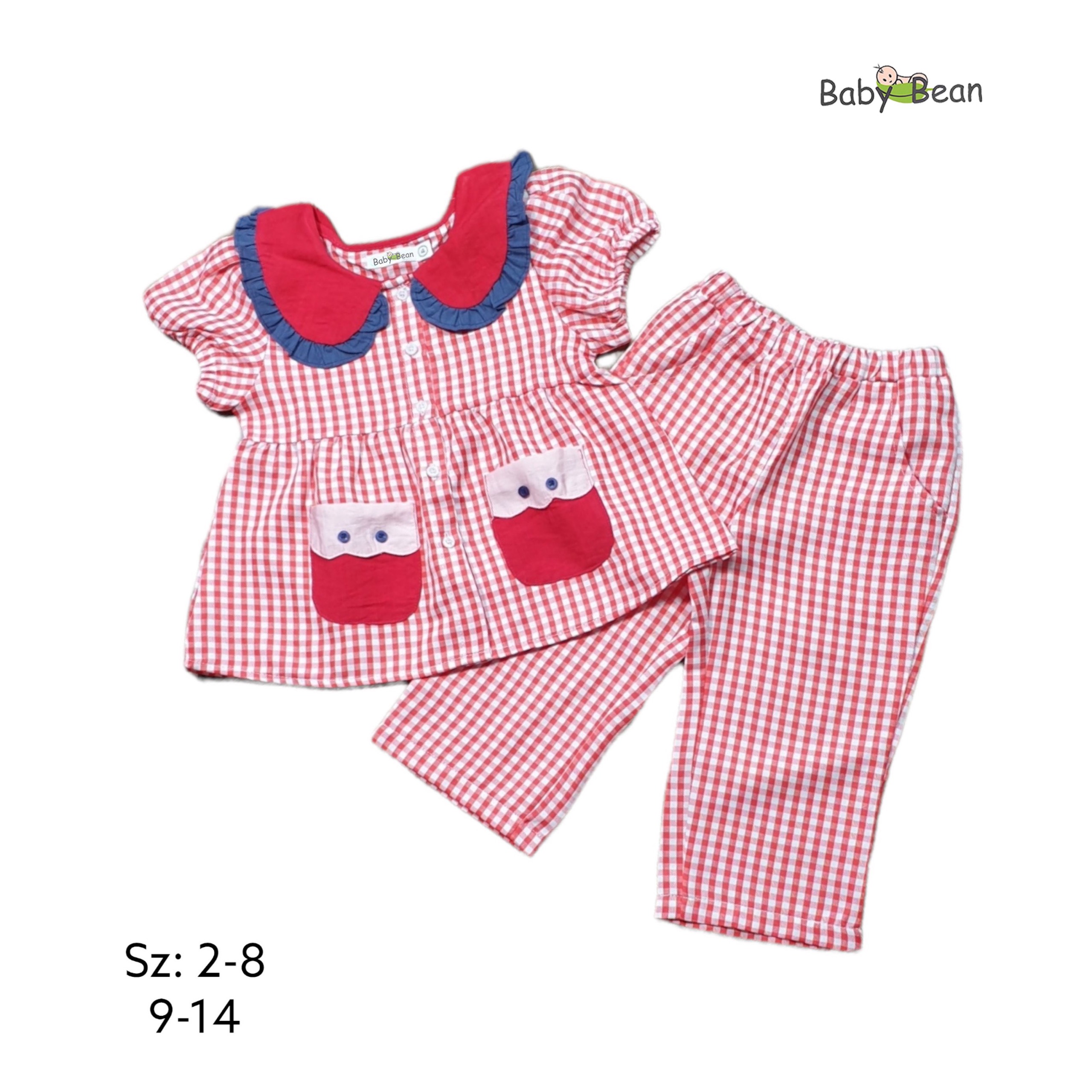 Bộ đồ cotton caro cổ sen túi thêu bé gái babybean