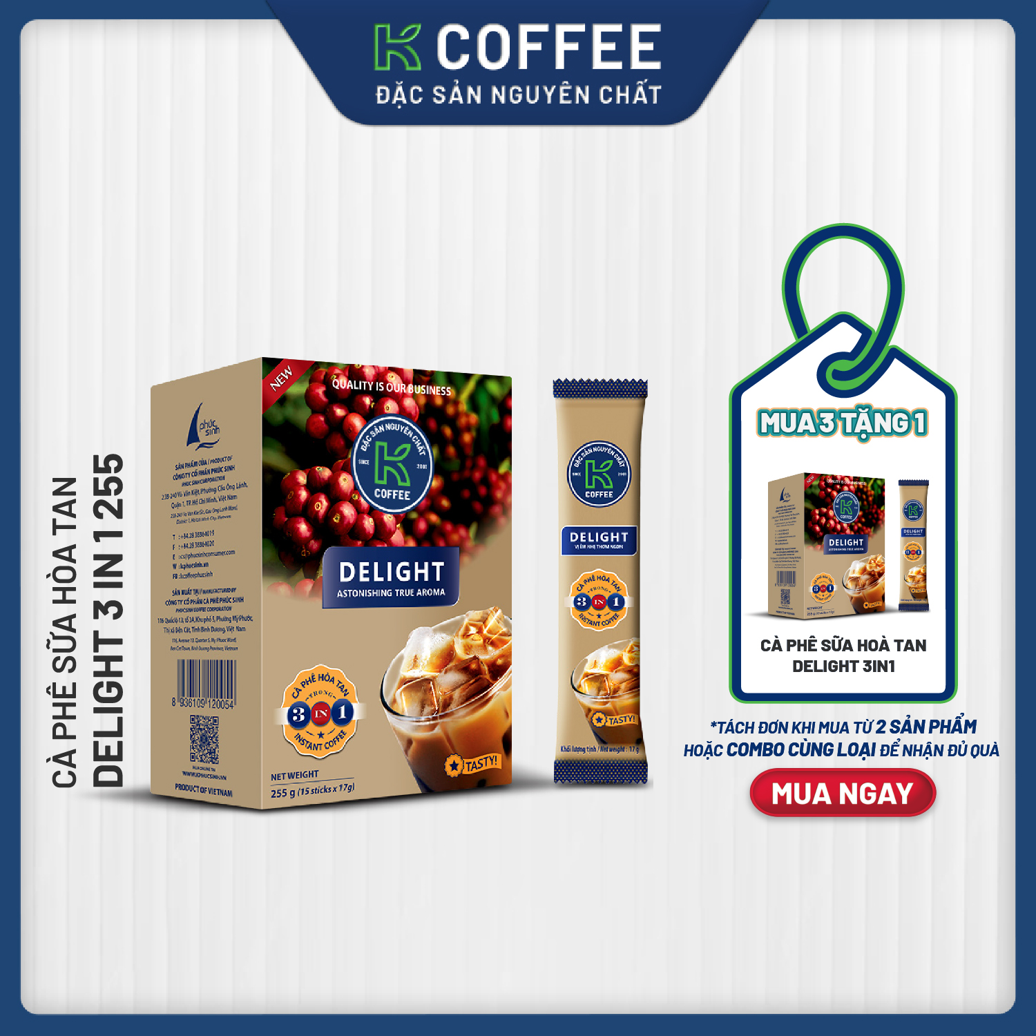 Cà phê sữa hòa tan k coffee delight 3in1 255g hộp 15 gói