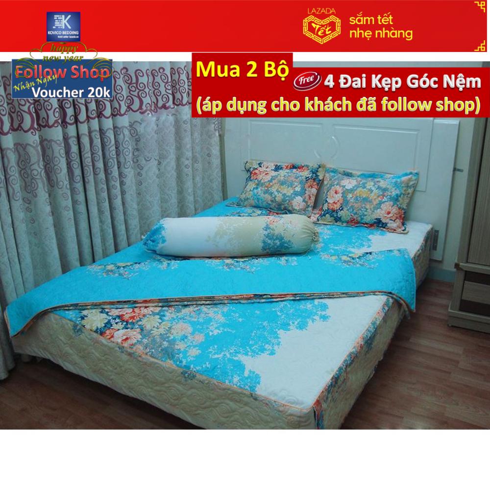 (FreeShip MAX) Bộ chăn ga gối bọc Hoa dây xanh