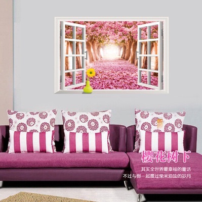 Decal tranh dán tường Cửa sổ khung ảnh con đường hoa anh đào
