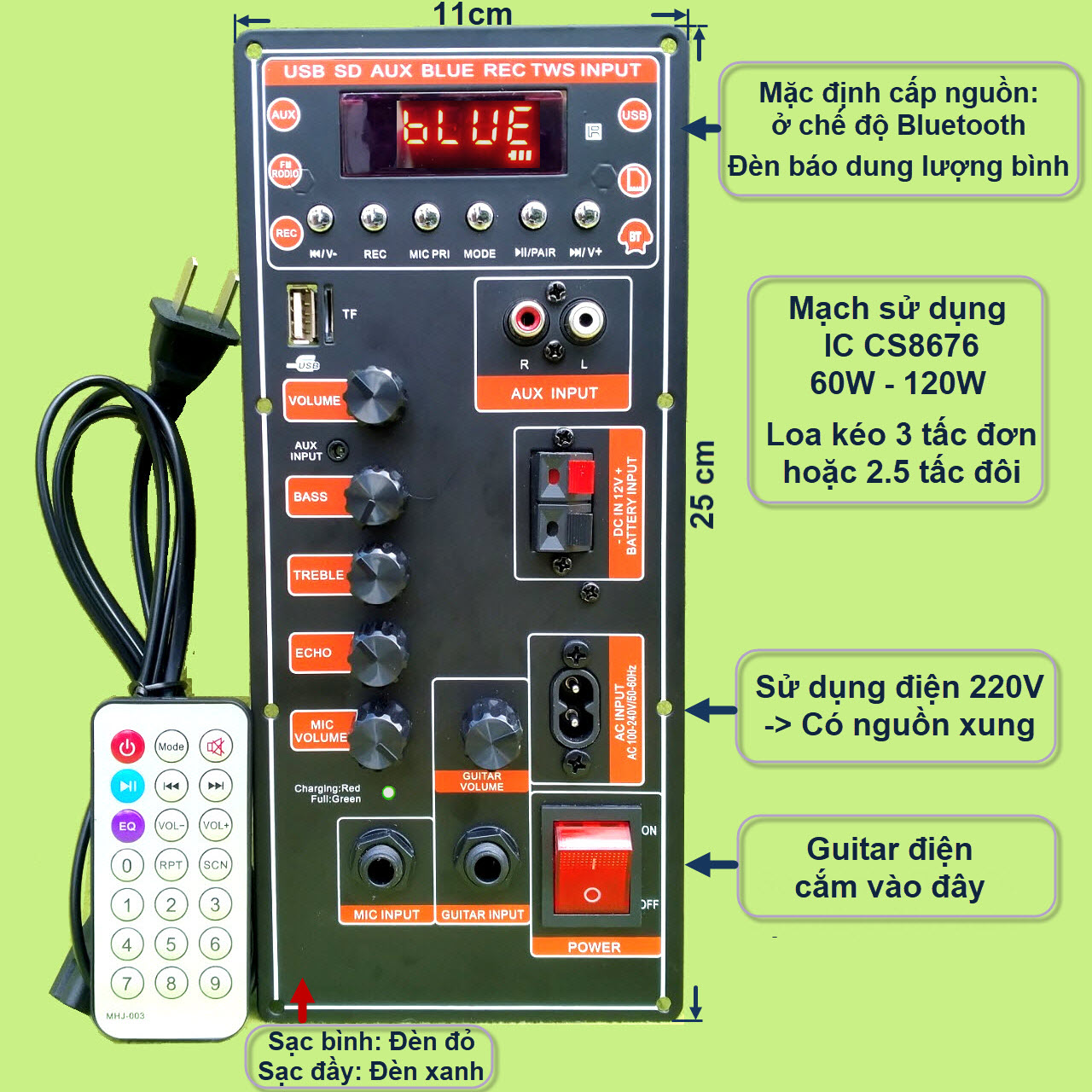 Mạch loa kéo CS8676 có nguồn xung – Bluetooth Karaoke Guitar điện – cho loa kéo 3 tấc đơn hoặc 2.5 tấc đôi