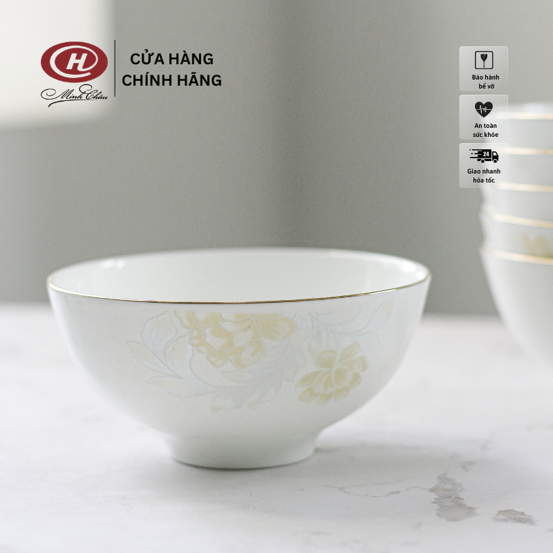 [Sứ Siêu Nhẹ] Bát Cơm Sứ Xương Hoa Kẻ Vàng 12K Cao Cấp - Sứ Minh Châu