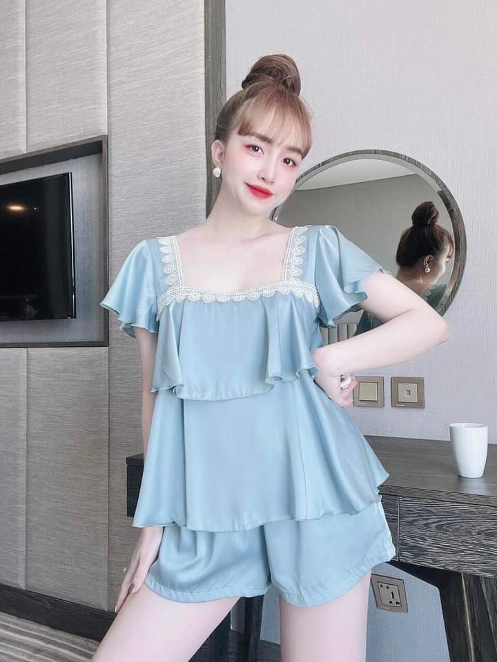 Đồ ngủ 2 dây sexy bộ lụa satin phối ren đồ bộ mặc nhà nữ freesize dưới 58kg
