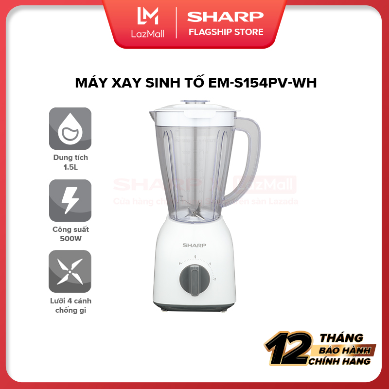 Máy Xay Sinh Tố Sharp EM-S154PV-WH 1.5L [1 Cối Xay Nhựa, Công suất: 400W, 2 Tốc Độ Xay] Bảo Hành Chính Hãng 12 tháng