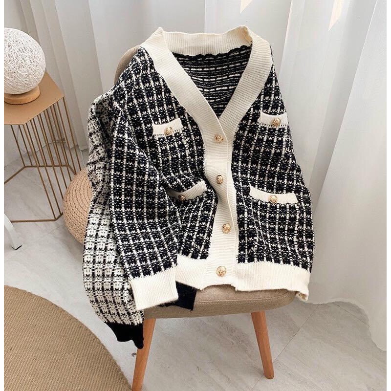 ÁO KHOÁC DẠ LEN KẺ CARO NÚT VÀNG