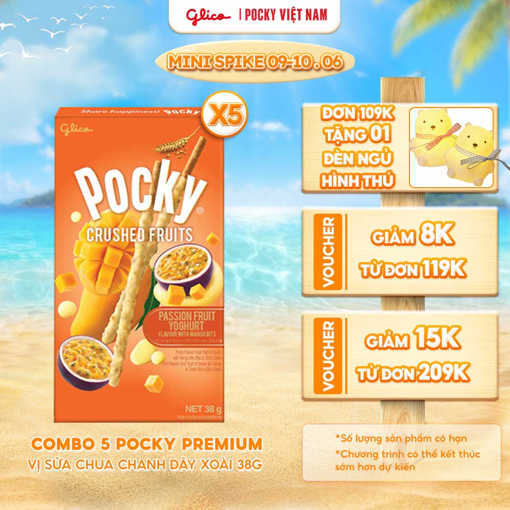 Combo 5 Hộp Bánh Que Pocky Trái Cây Nghiền Vị Sữa Chua Chanh Dây-Xoài 38G/Hộp