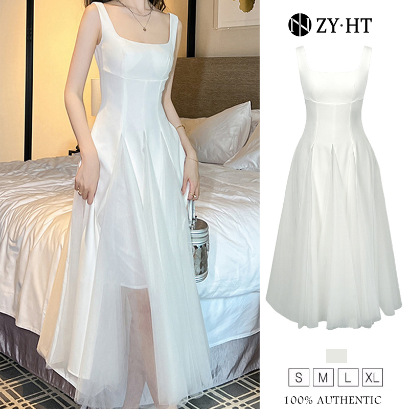 ZYHT Đầm trắng dây treo cổ vuông Maxi nhỏ tươi Màu đơn giản Đầm nữ dự tiệc cưới đẹp 9635