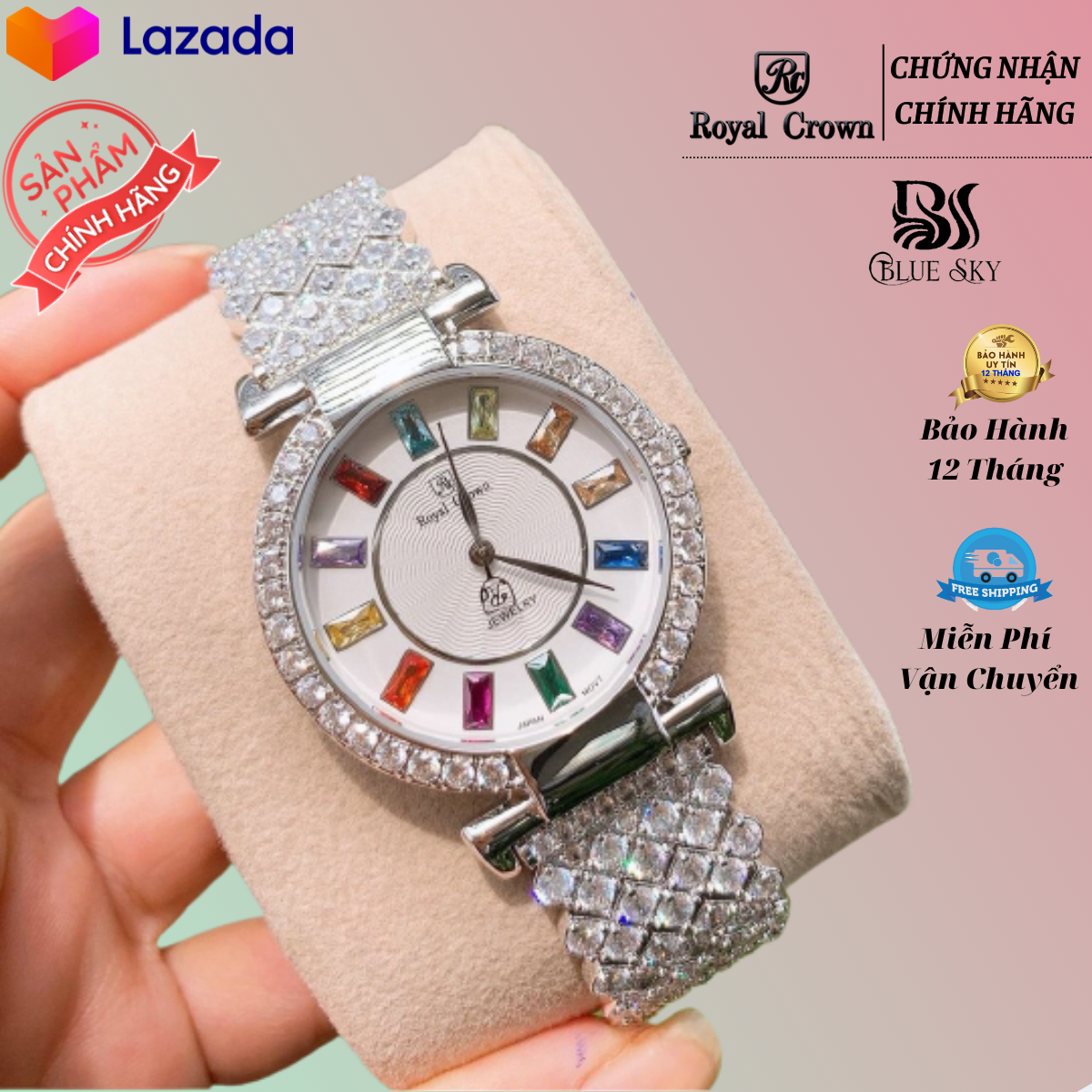 ⚡𝐅𝐥𝐚𝐬𝐡 𝐒𝐚𝐥𝐞⚡ Đồng Hồ Nữ Đẹp Sang Trọng Royal Mặt Đính Đá Ngũ Sắc Trắng Kiểu Dáng Hàn Quốc - Bảo Hành 12 Tháng