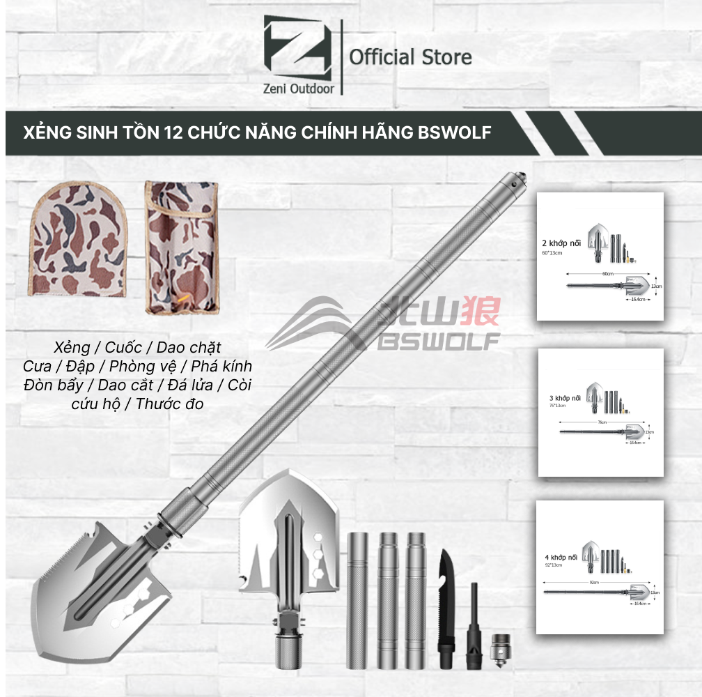 Xẻng dã ngoại xẻng sinh tồn gấp gọn bswolf-pj113 xẻng đa năng 12 trong 1 tiện dụng