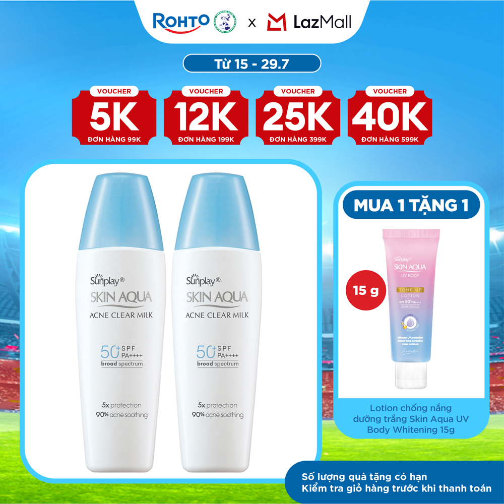 [VB] Bộ 2 Kem chống nắng Skin Aqua cho da mụn, dạng sữa dùng hàng ngày Sunplay Skin Aqua Acne Clear Eco Việt Nam SPF 50, PA++++ 25g