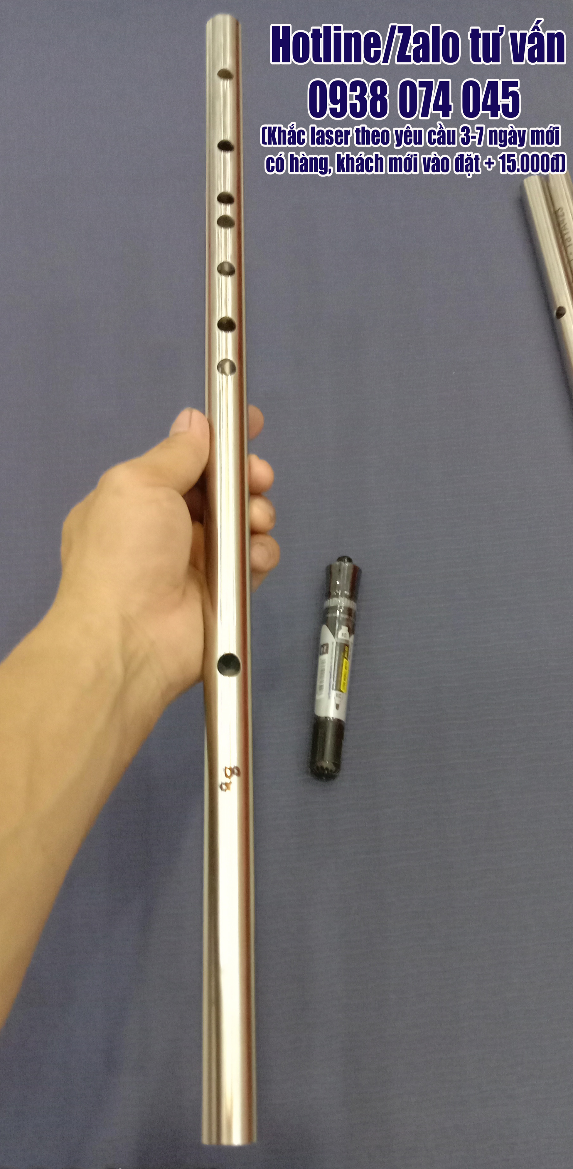 Sáo inox Si giáng Bb4 âm vang như sáo trúc, size 1.9x55cm bản trắng trơn không khắc laser