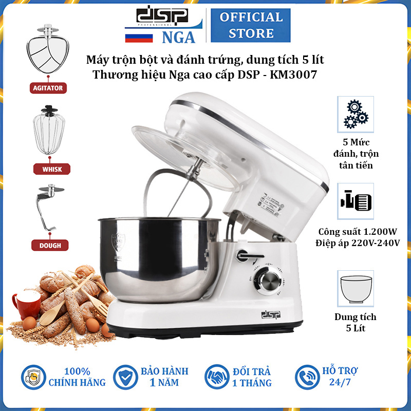 Máy trộn bột và đánh trứng cao cấp DSP KM3007 - Dung tích 5 lít - Máy có 5 tốc độ đánh - Công suất: 1200W - HÀNG NHẬP KHẨU CHÍNH HÃNG