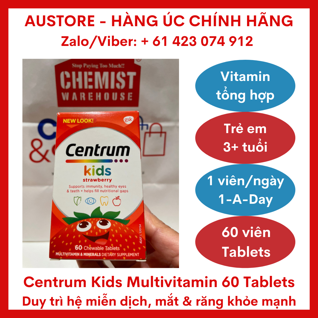 [Bill Úc] Centrum Kids Multi Vitamin 60 Strawberry Tablets (for Children 3+ years) - Vitamin tổng hợp Centrum Kid giúp duy trì hệ miễn dịch, mắt & răng khỏe mạnh cho trẻ em từ 3 tuổi trở lên