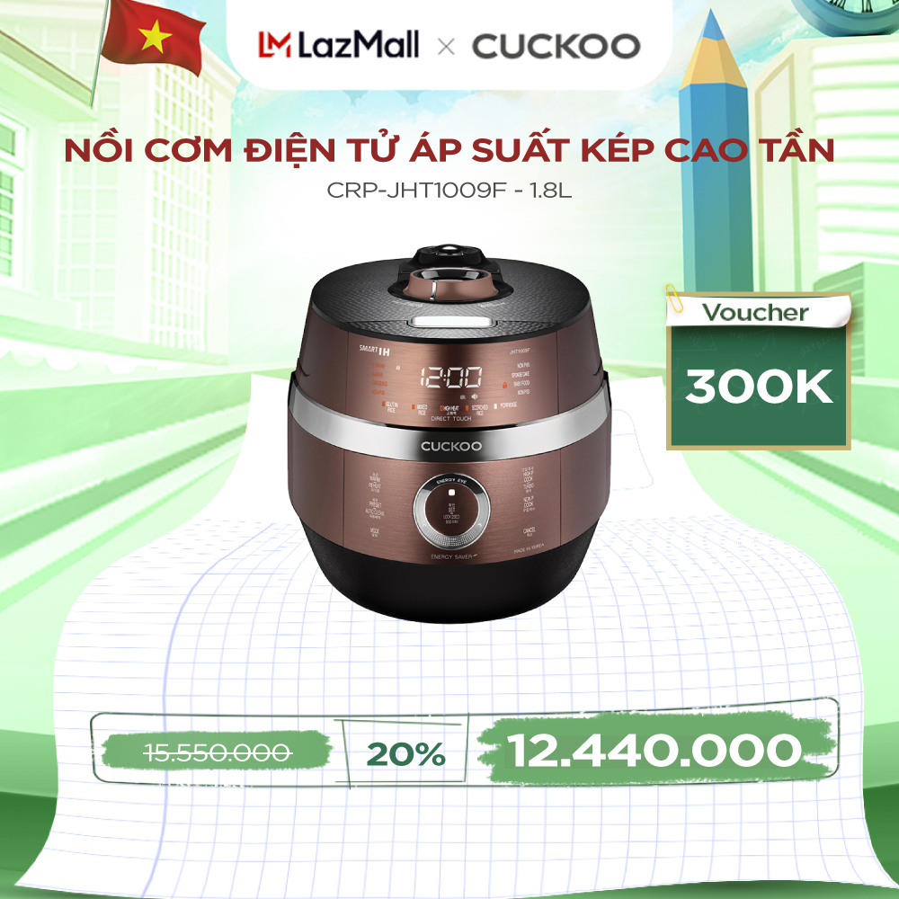 Nồi cơm điện tử áp suất cao tần Cuckoo 1.8 lít CRP-JHT1009F - Tùy chọn nấu áp suất và không áp suất, chế biến không cần đóng nắp, lòng nồi chống dính Xwall - Hàng chính hãng