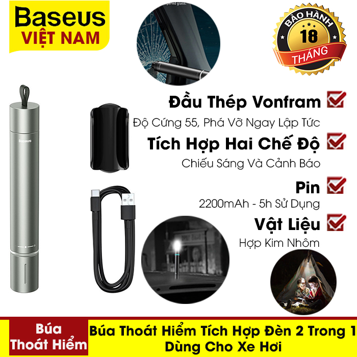 Dụng cụ cầm tay- Búa thoát hiểm xe hơi tích hợp đèn 2 trong 1 Baseus, tích hợp đèn sử dụng để chiếu sáng, làm đèn cảnh báo - Phân phối chính hãng tại Baseus Việt Nam
