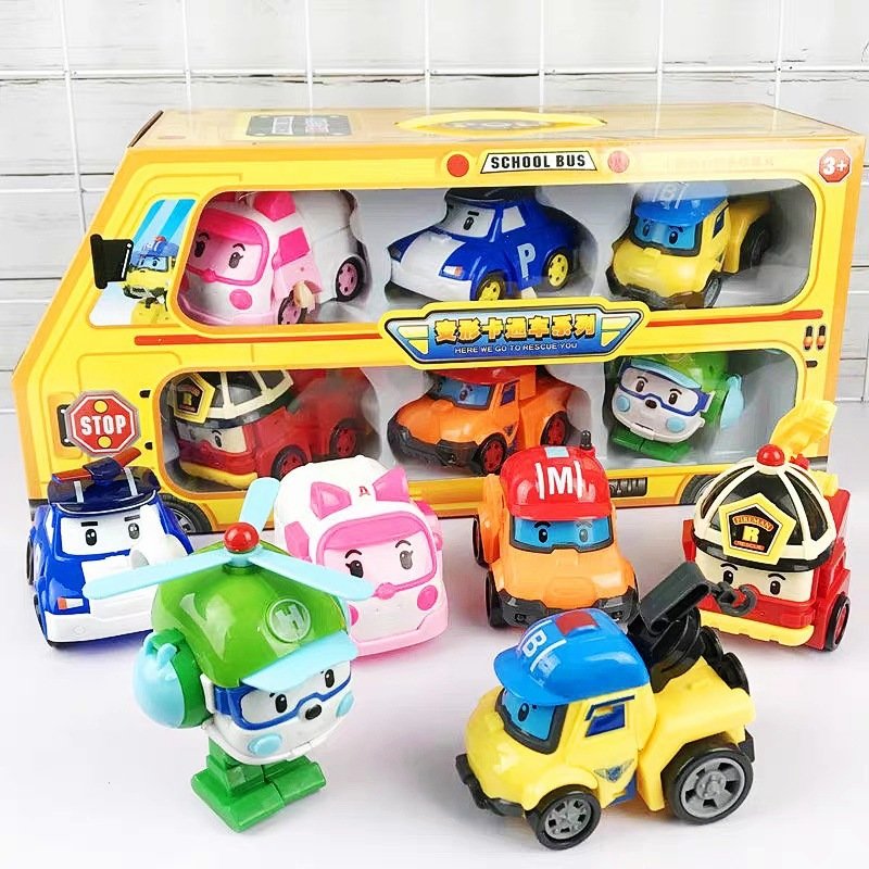 Bộ 6 Xe Ô Tô Đồ Chơi Biệt đội Poli  8 Xe Poli Robocar biến hình _ Đồ chơi Robocar Poli Biến Hình Siê