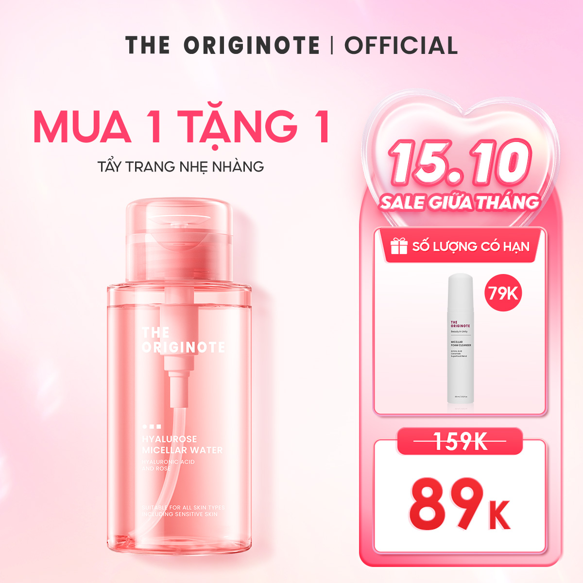 [MUA 1 TẶNG 1] Nước tẩy trang The Originote tẩy trang dưỡng ẩm làm sạch sâu cho mọi loại da Hyalurose Micellar Water 300ml