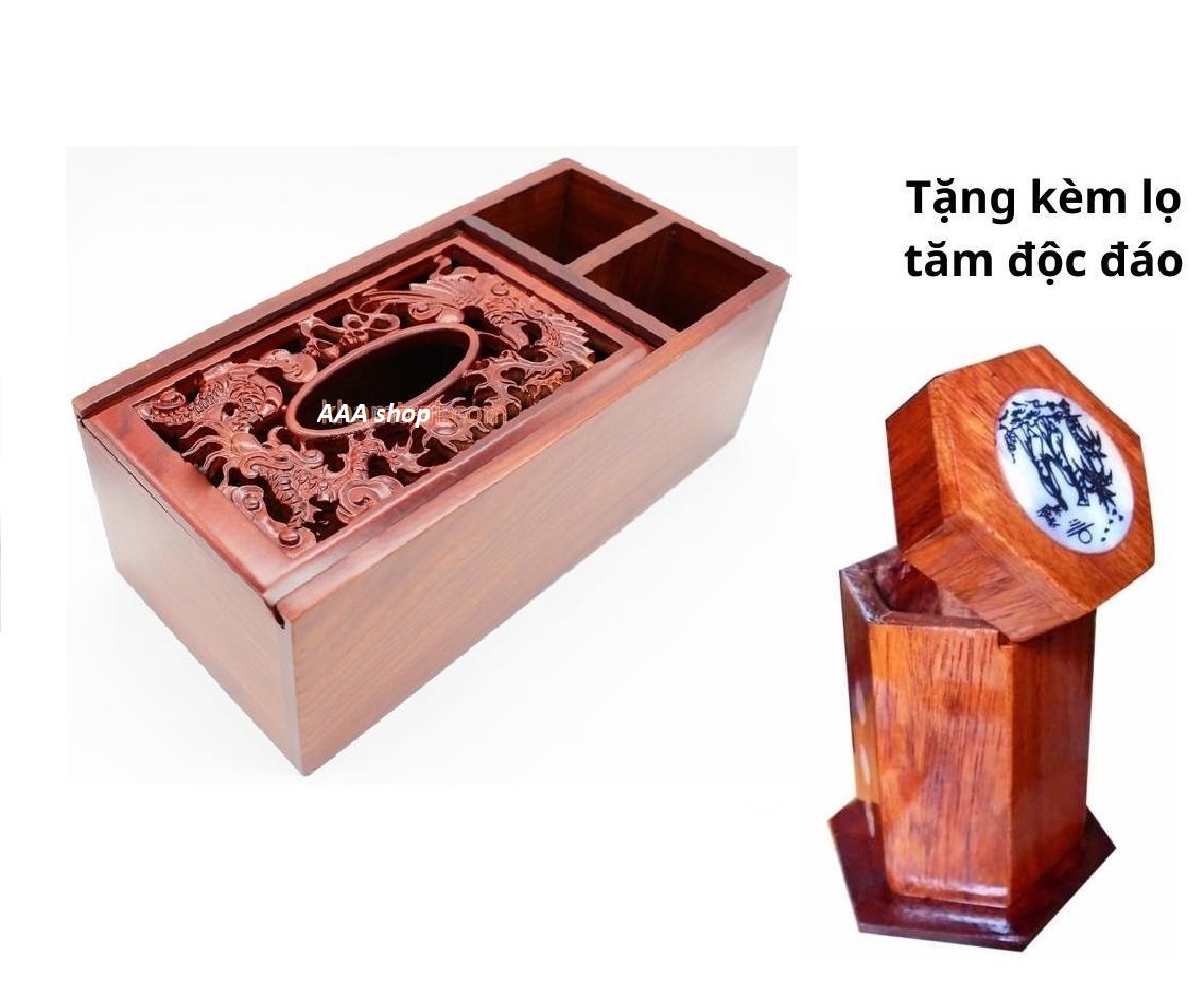 Hộp đựng khăn giấy 3 ngăn gỗ HƯƠNG đỏ tặng kèm ống tăm khảm trai hình cô gái